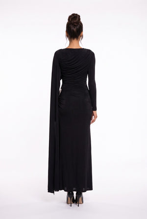 Draped Shoulder Long Sleeve Black Evening Dress