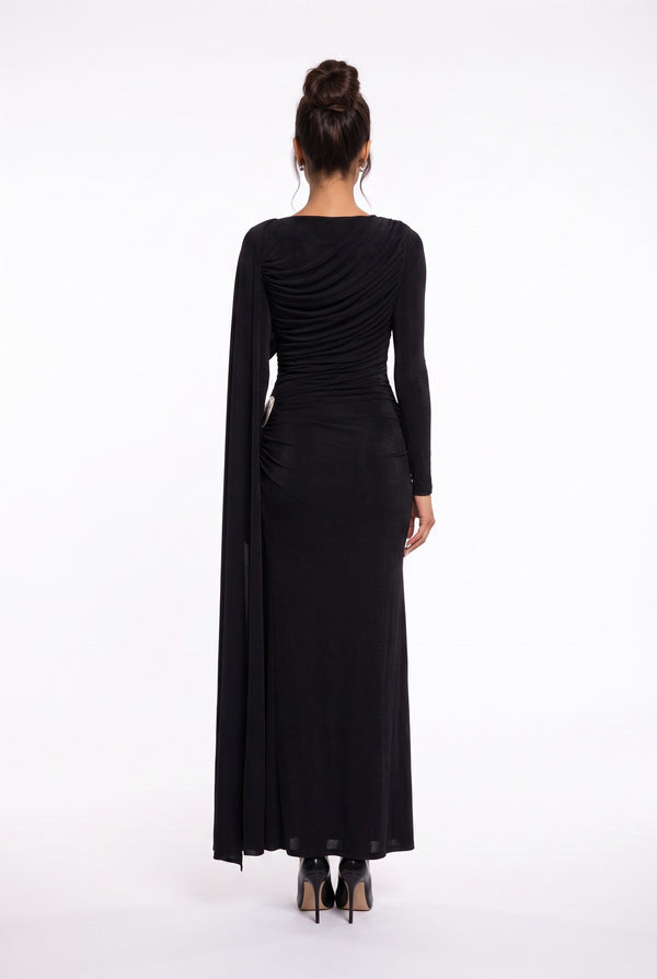 Draped Shoulder Long Sleeve Black Evening Dress