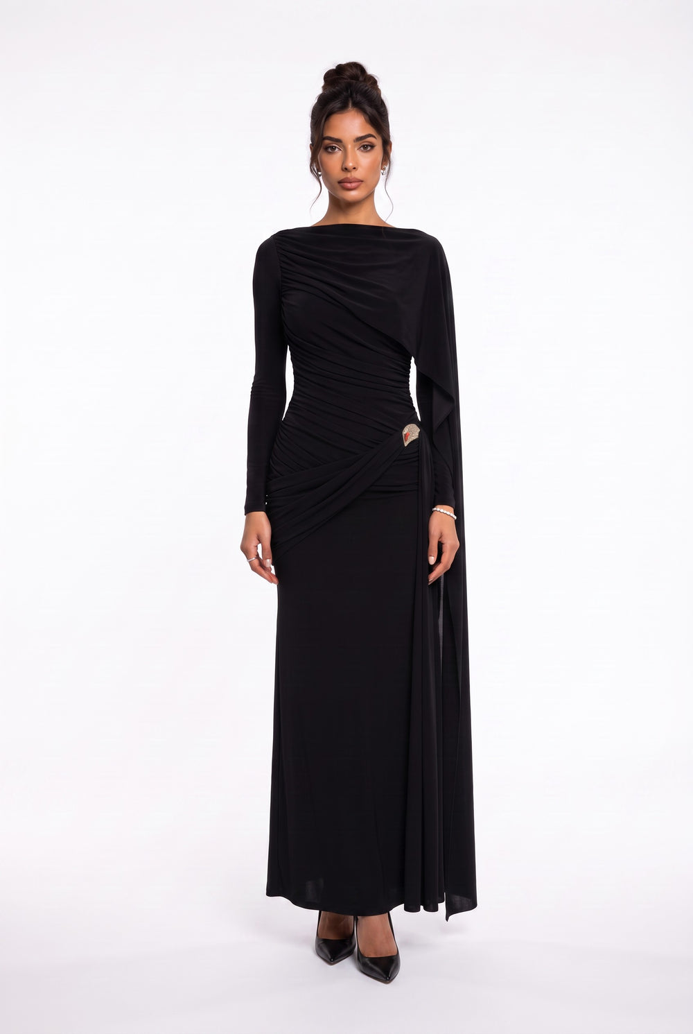 Draped Shoulder Long Sleeve Black Evening Dress