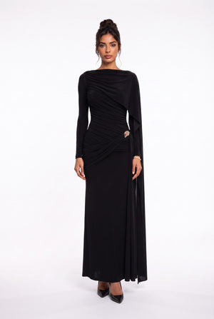 Draped Shoulder Long Sleeve Black Evening Dress
