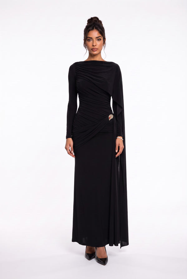 Draped Shoulder Long Sleeve Black Evening Dress