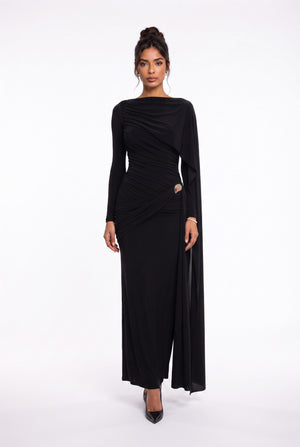 Draped Shoulder Long Sleeve Black Evening Dress