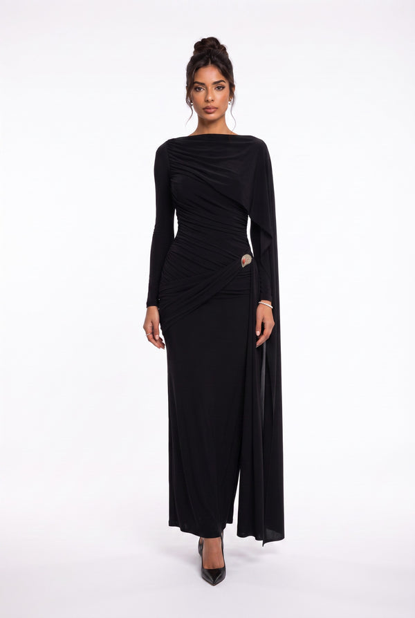 Draped Shoulder Long Sleeve Black Evening Dress