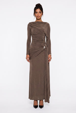 Draped Shoulder Long Sleeve Evening Dress Mink