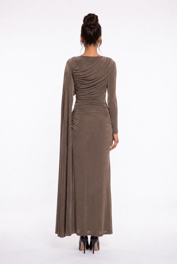 Draped Shoulder Long Sleeve Evening Dress Mink