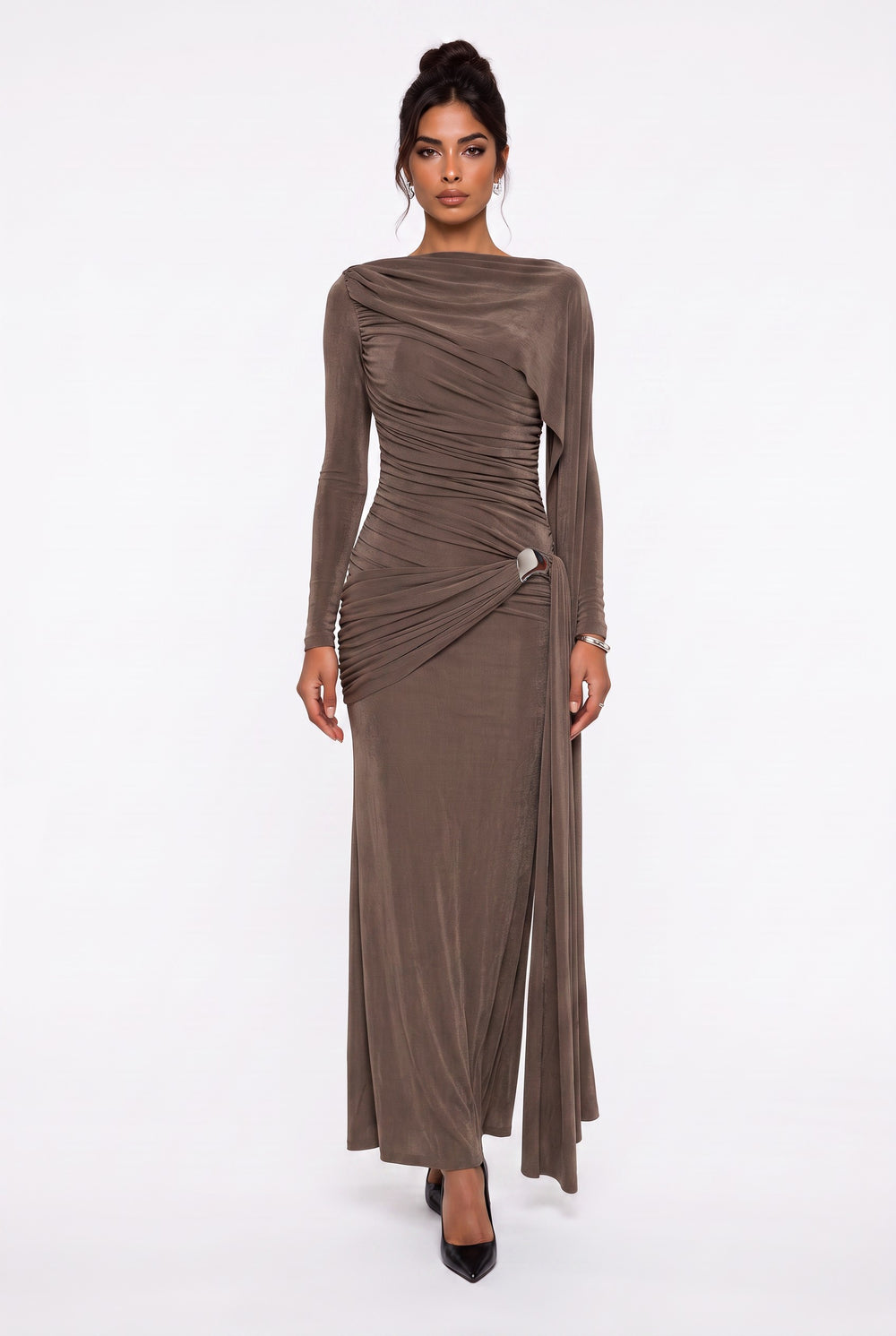 Draped Shoulder Long Sleeve Evening Dress Mink