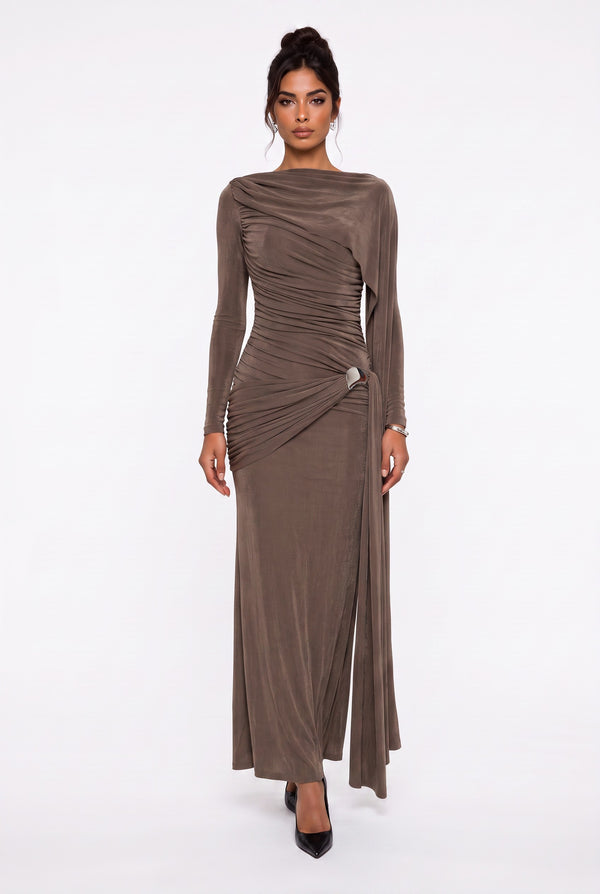 Draped Shoulder Long Sleeve Evening Dress Mink