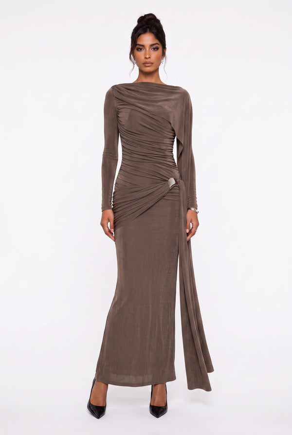 Draped Shoulder Long Sleeve Evening Dress Mink