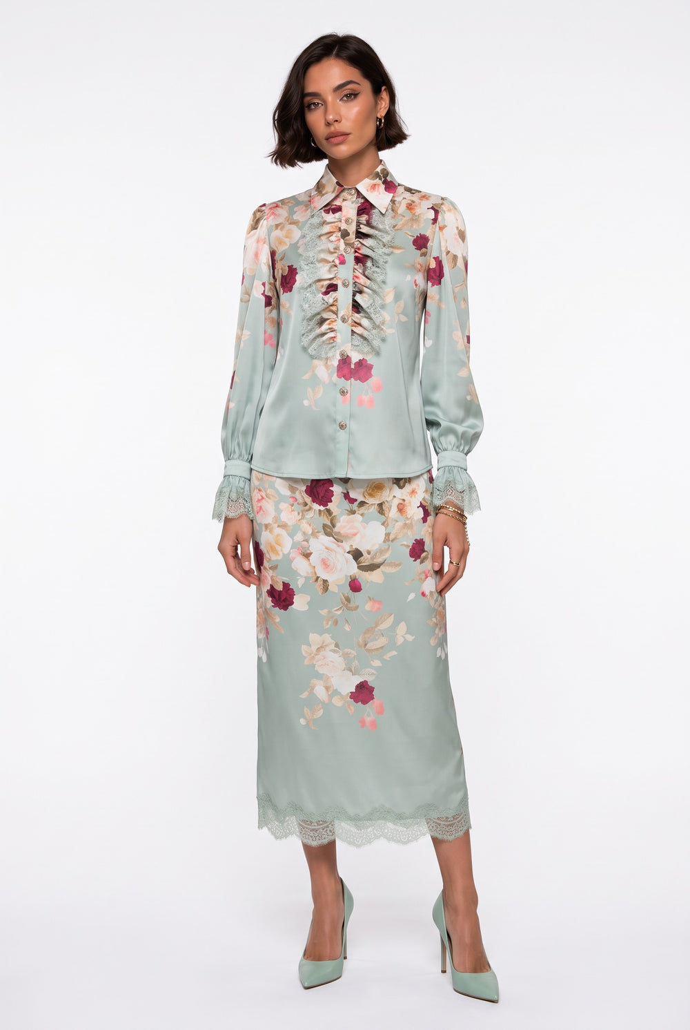 Mint Lace-Detailed Floral Pattern Set