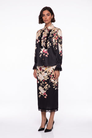 Lace Detailed Floral Print Set Black