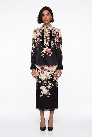 Lace Detailed Floral Print Set Black