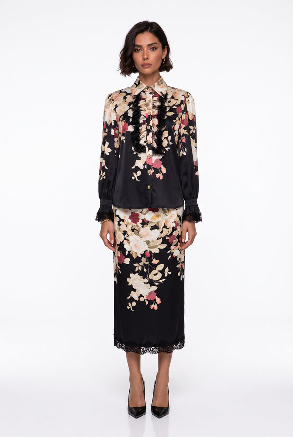 Lace Detailed Floral Print Set Black