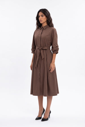 Shirt Collar Belted Midi Dress Mocha