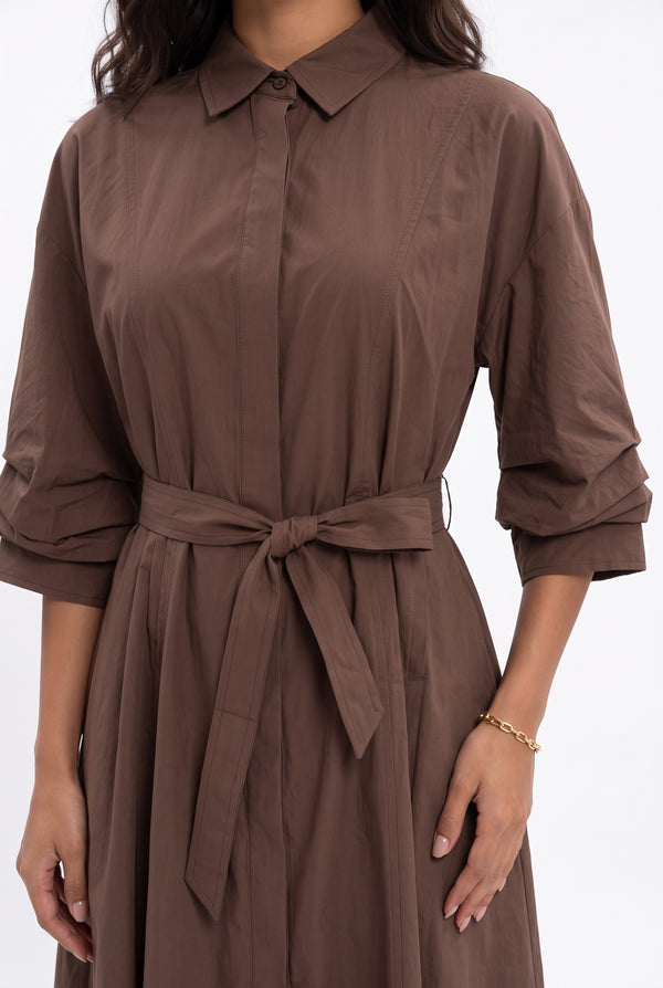 Shirt Collar Belted Midi Dress Mocha