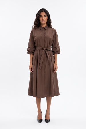 Shirt Collar Belted Midi Dress Mocha
