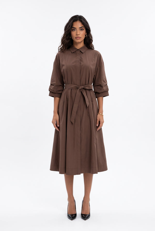 Shirt Collar Belted Midi Dress Mocha