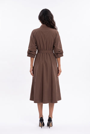 Shirt Collar Belted Midi Dress Mocha