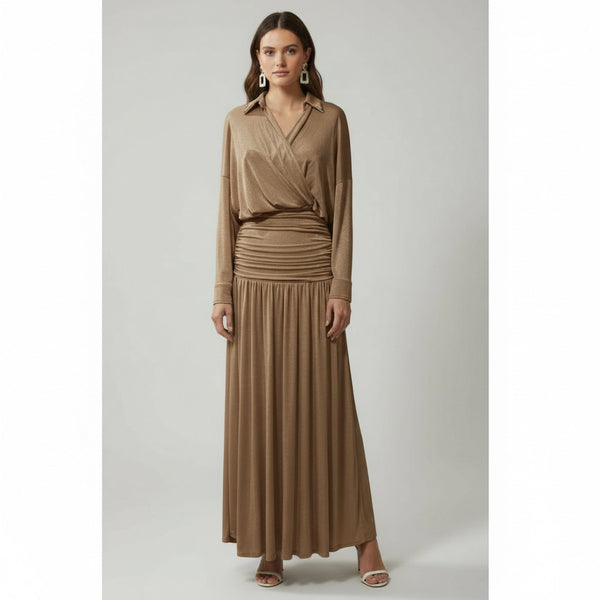 Drapeli Bel Saten Uzun Elbise MOCHA