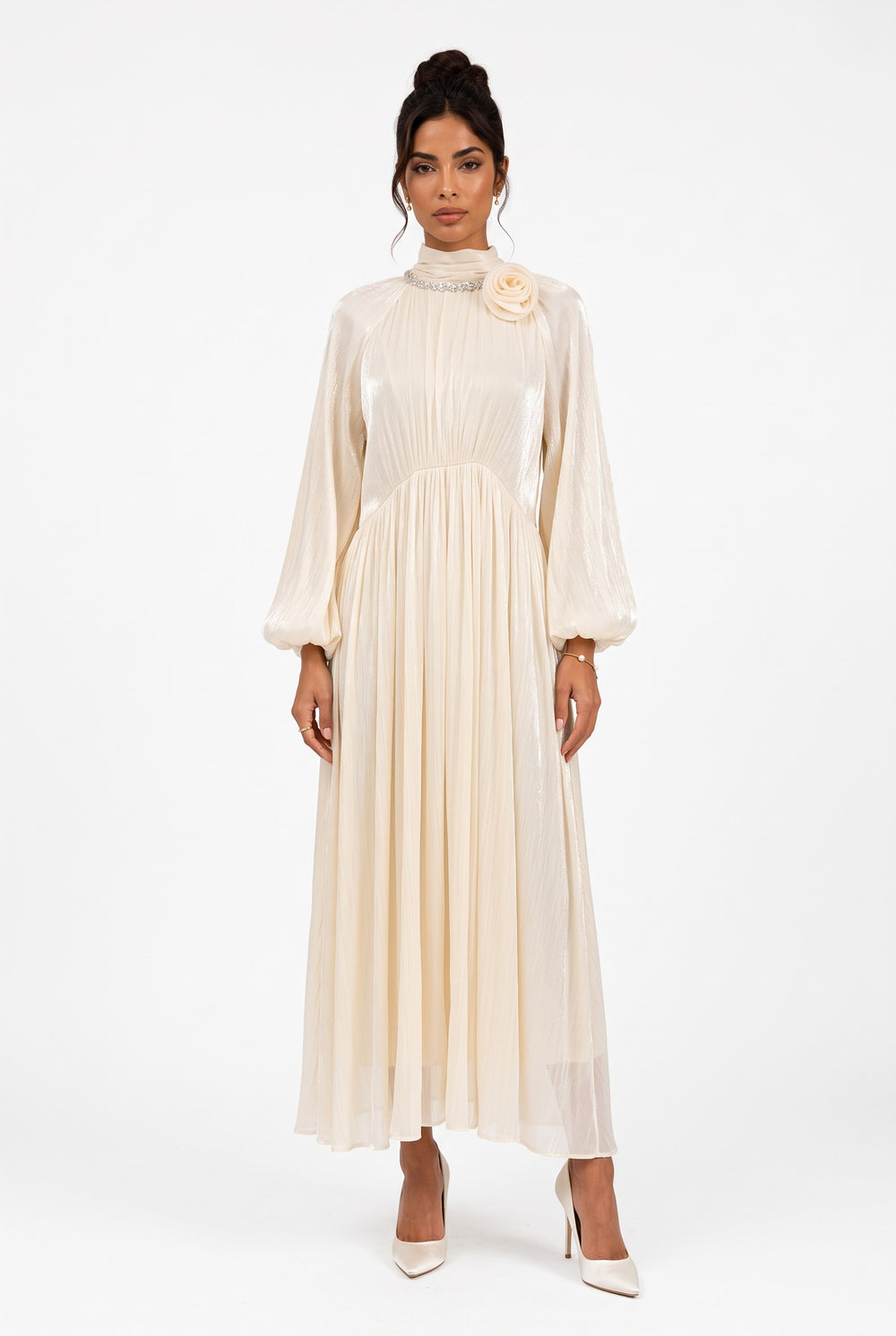 Flower Brooch Detail Midi Dress Beige