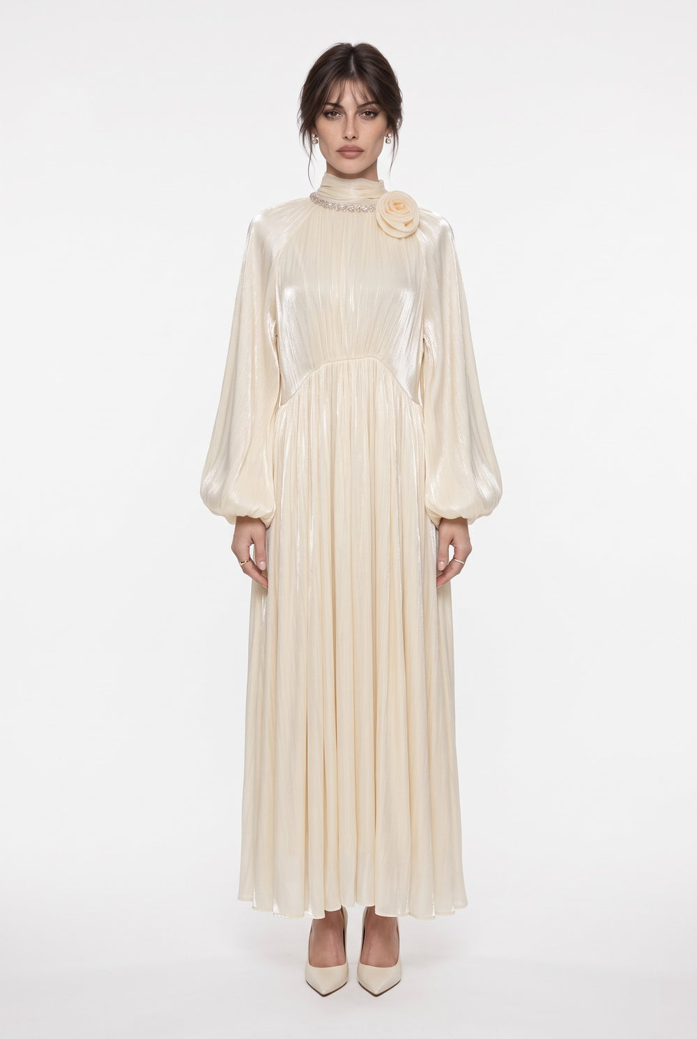 Flower Brooch Detail Midi Dress Beige