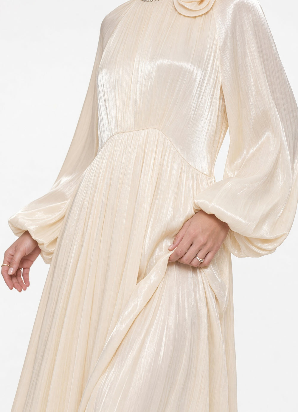 Flower Brooch Detail Midi Dress Beige