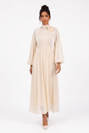 Flower Brooch Detail Midi Dress Beige