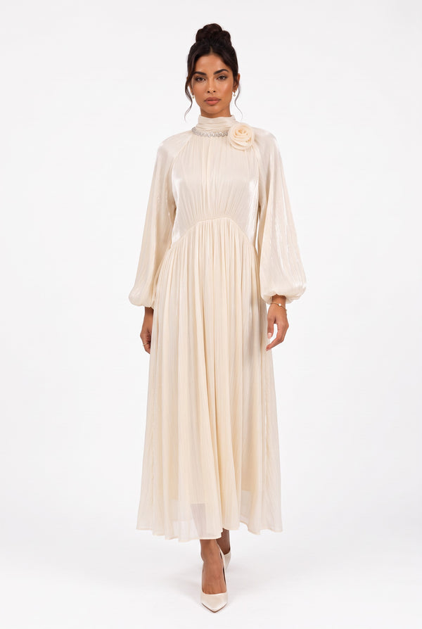 Flower Brooch Detail Midi Dress Beige