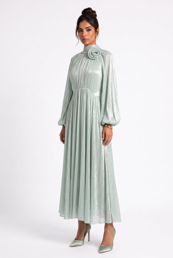 Midi Dress with Flower Brooch Detail - Mint