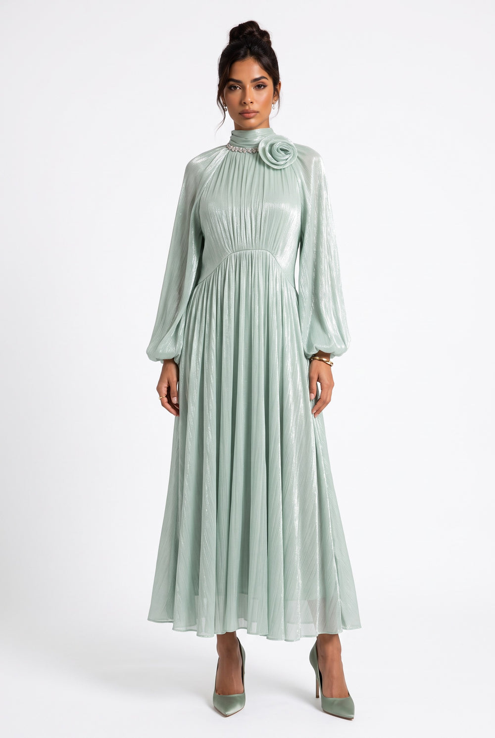 Midi Dress with Flower Brooch Detail - Mint