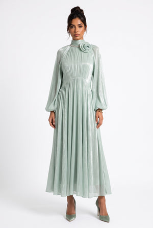 Midi Dress with Flower Brooch Detail - Mint