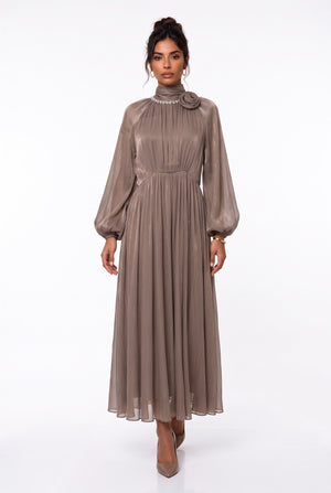Flower Brooch Detail Midi Dress Mocha