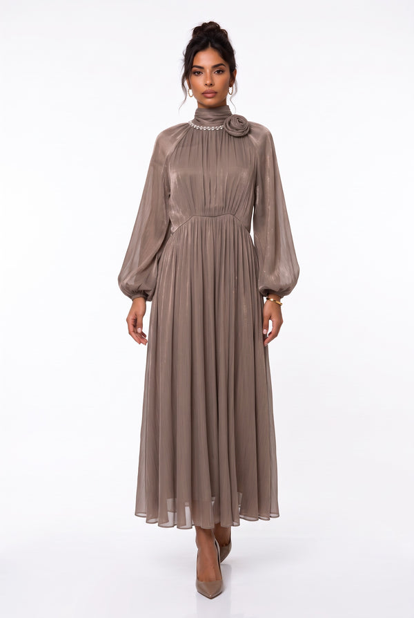 Flower Brooch Detail Midi Dress Mocha
