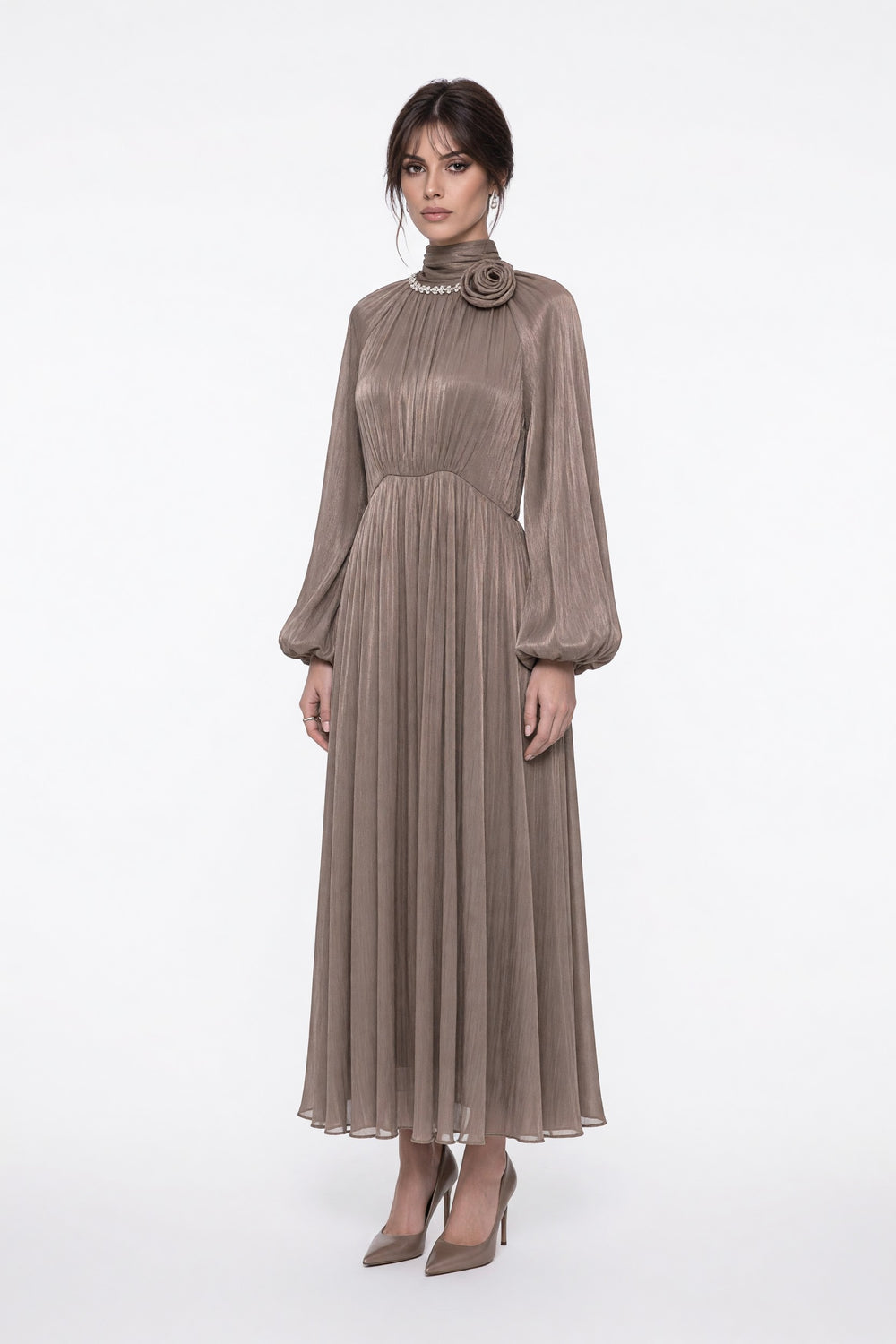 Flower Brooch Detail Midi Dress Mocha