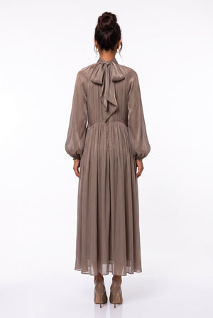 Flower Brooch Detail Midi Dress Mocha