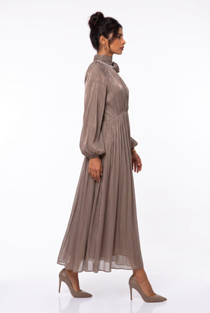 Flower Brooch Detail Midi Dress Mocha