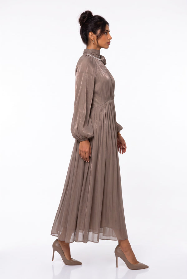 Flower Brooch Detail Midi Dress Mocha