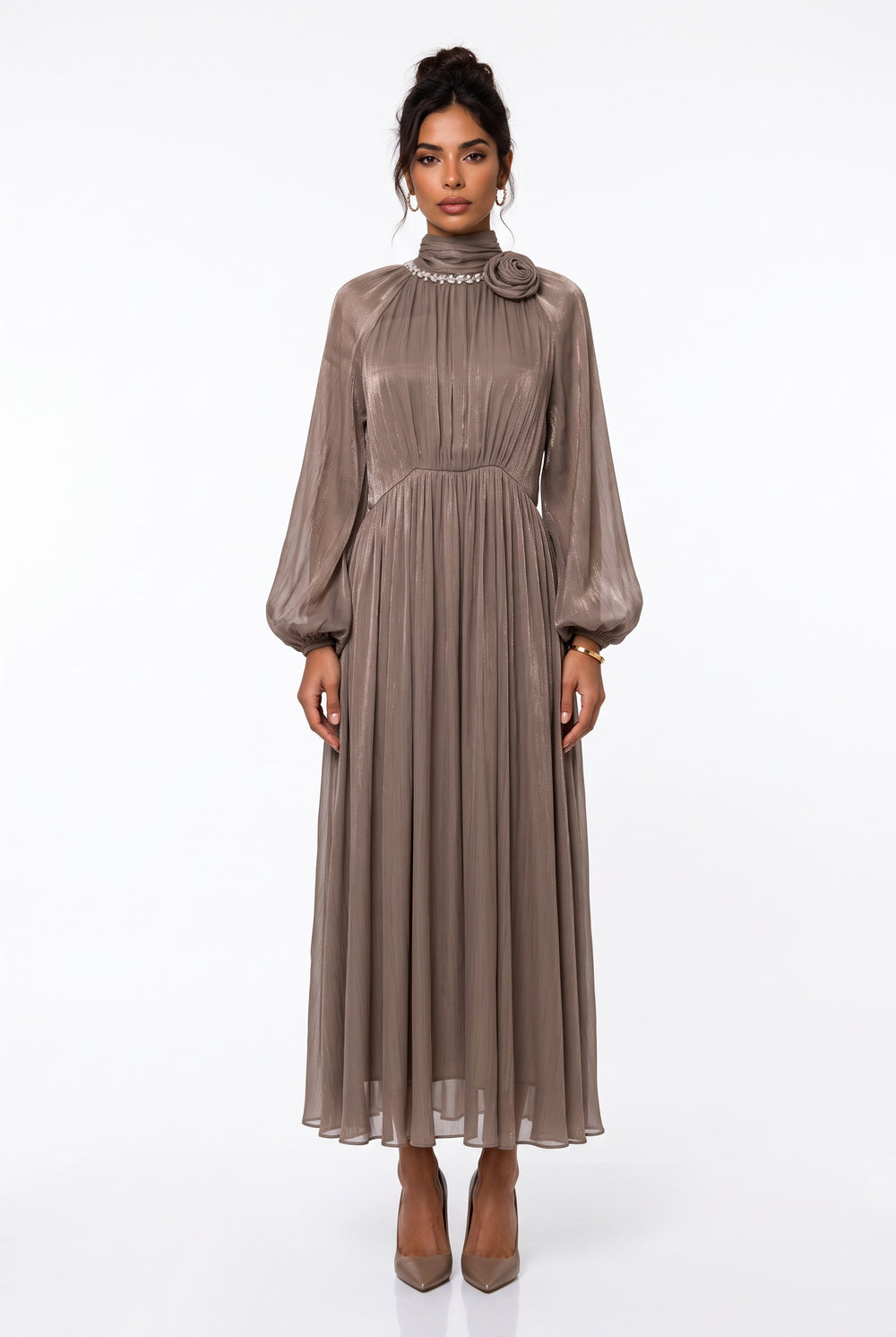 Flower Brooch Detail Midi Dress Mocha