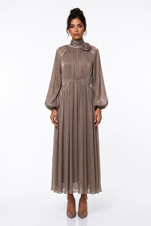 Flower Brooch Detail Midi Dress Mocha