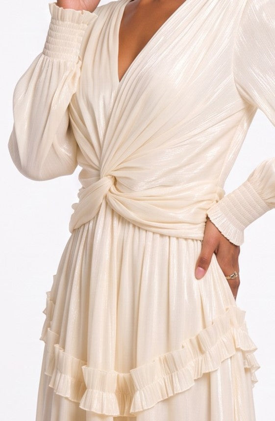 V-Neck Ruffle Detail Long Dress Beige