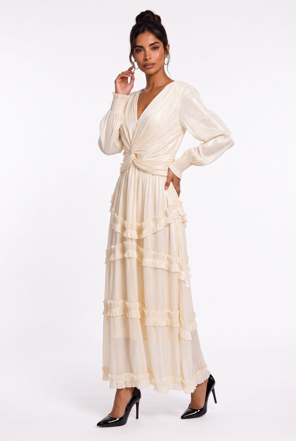 V-Neck Ruffle Detail Long Dress Beige