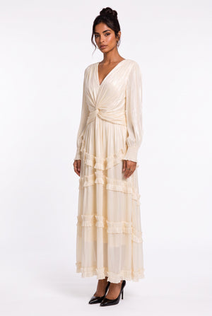 V-Neck Ruffle Detail Long Dress Beige