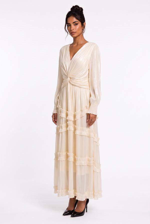 V-Neck Ruffle Detail Long Dress Beige