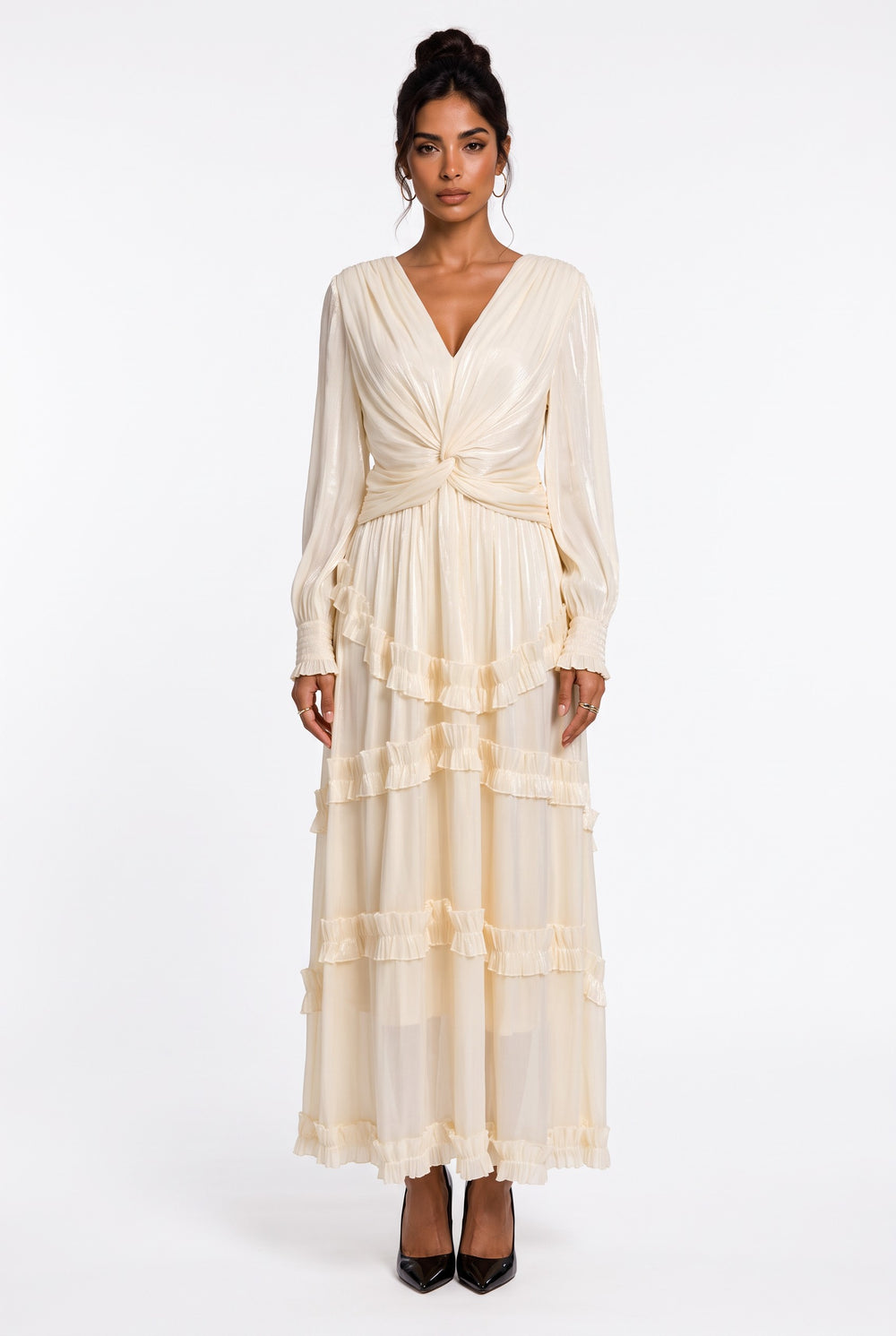 V-Neck Ruffle Detail Long Dress Beige