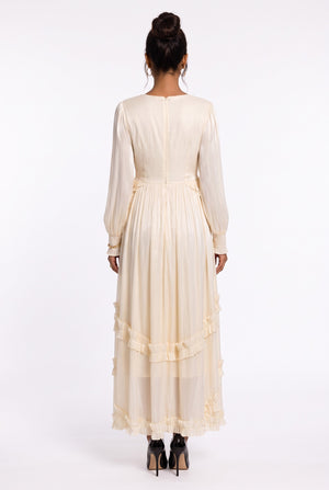 V-Neck Ruffle Detail Long Dress Beige