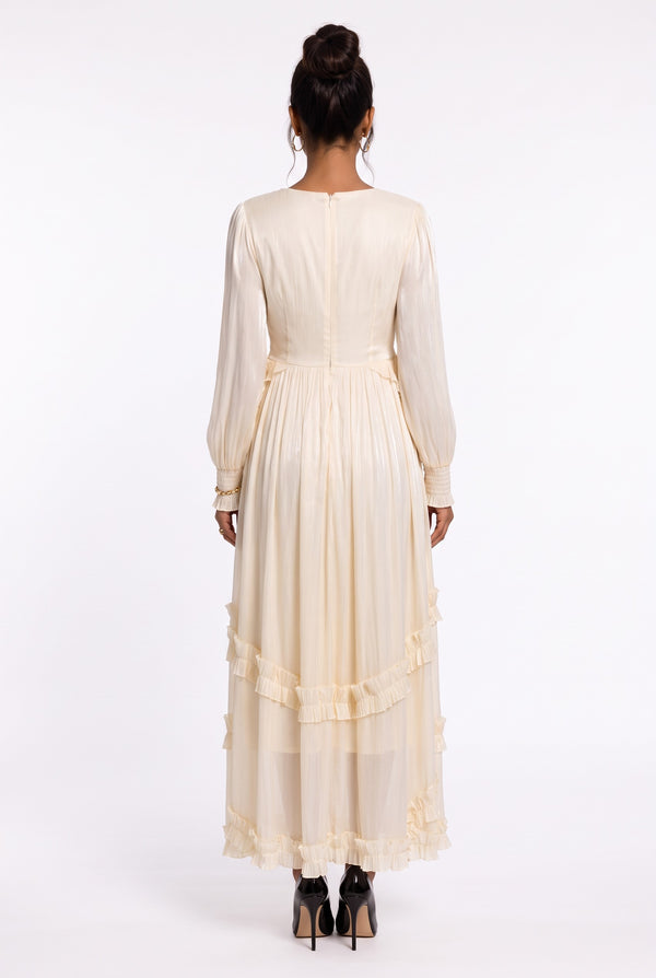 V-Neck Ruffle Detail Long Dress Beige