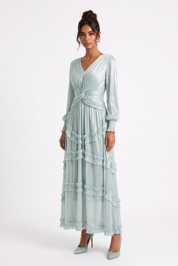 V-Neck Ruffle Detail Long Dress	Mint