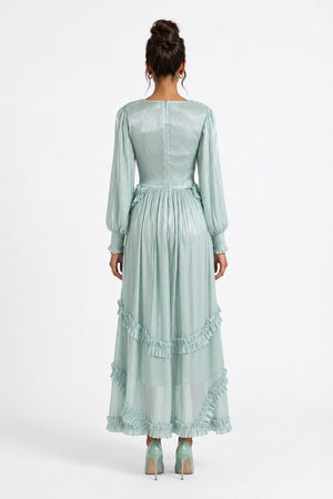 V-Neck Ruffle Detail Long Dress	Mint