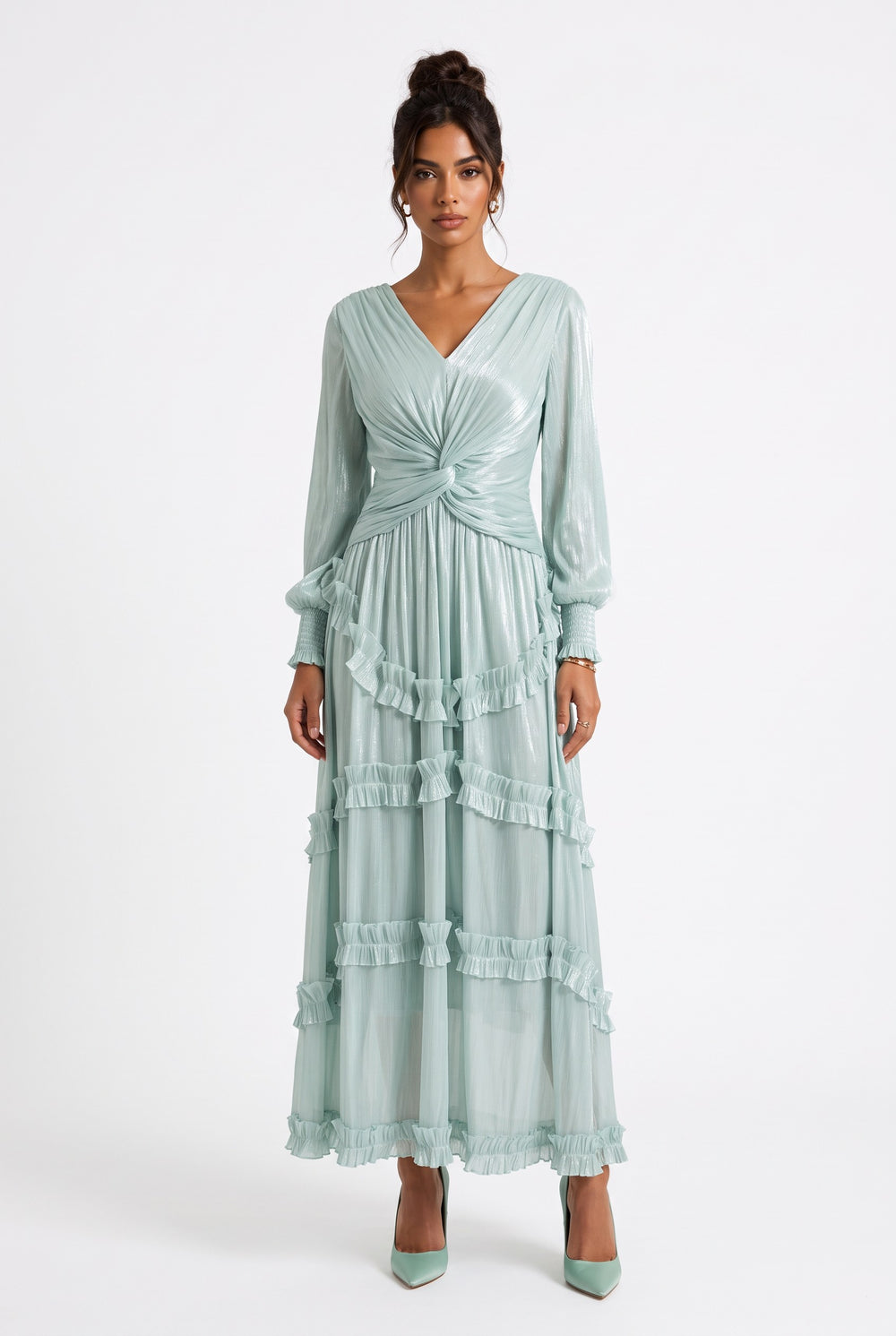 V-Neck Ruffle Detail Long Dress	Mint