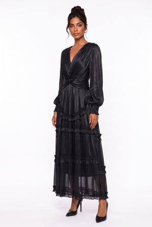 V-Neck Ruffle Detail Long Dress Black