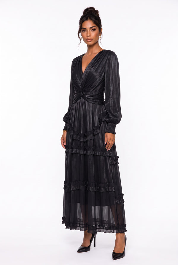 V-Neck Ruffle Detail Long Dress Black